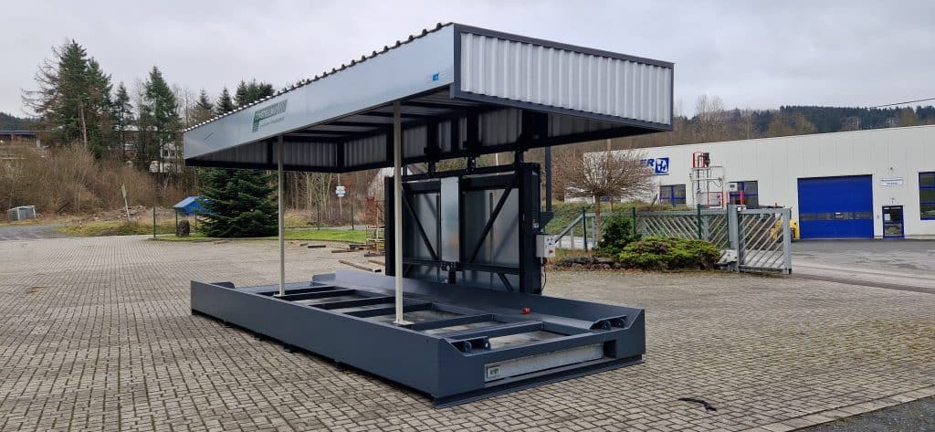 Späneentsorgung gesetzeskonform: ABNWQ 140-240 3 Containerstellplatz für Abrollcontainer - Containabdeckung für Abroller - mobile Containerüberdachung