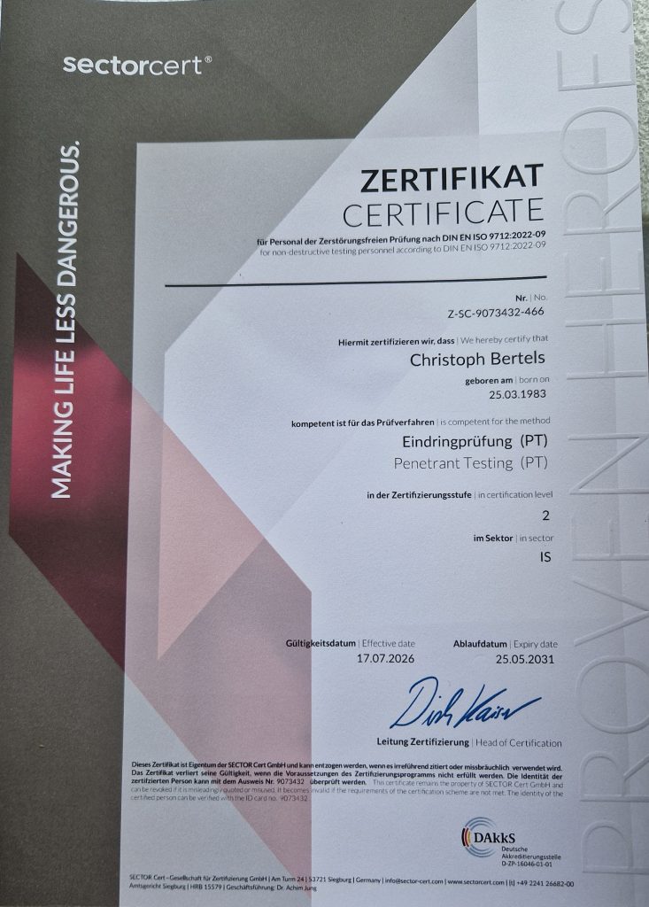 Zertifikat Eindringprüfung (PT) DIN EN ISO 9712
